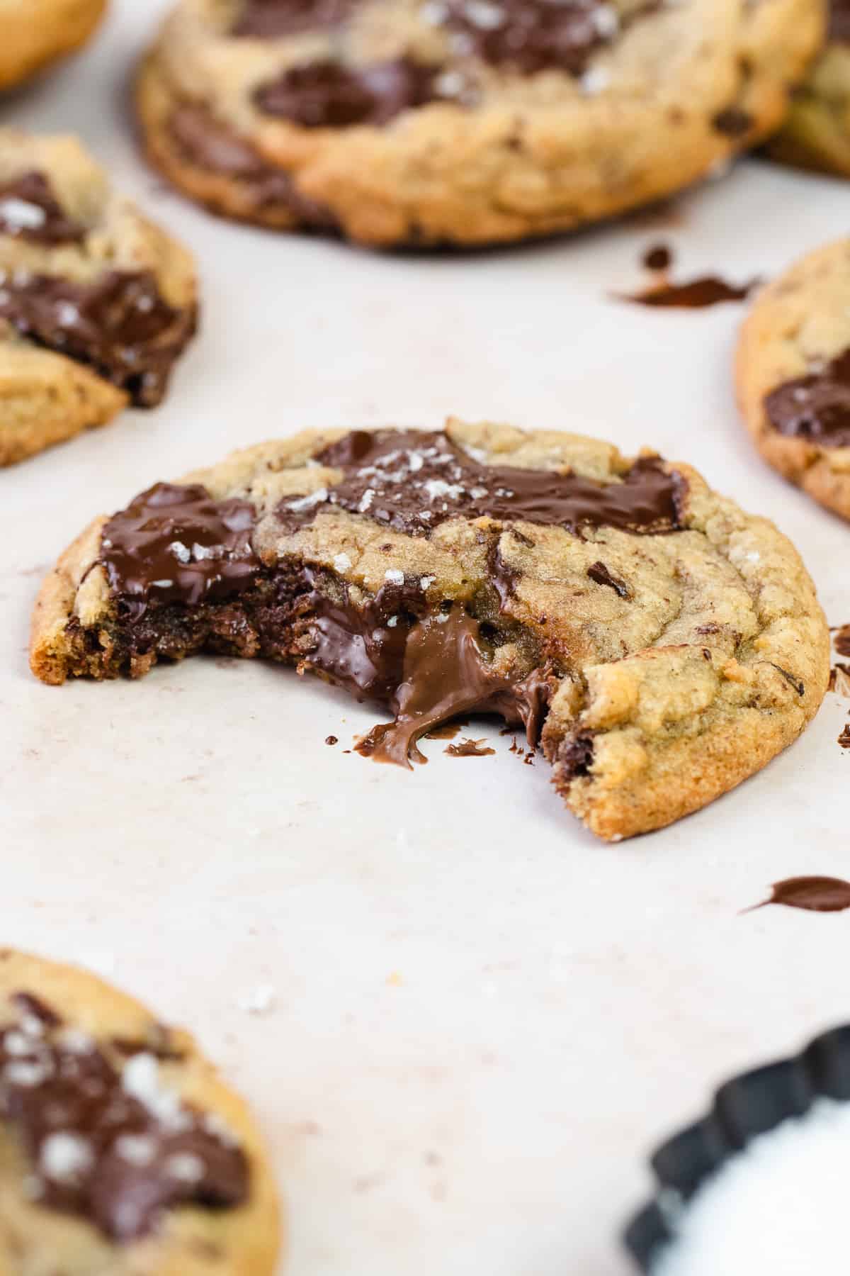 Close up of Nutella Chocolate Chip Cookie with two bites taken out of it