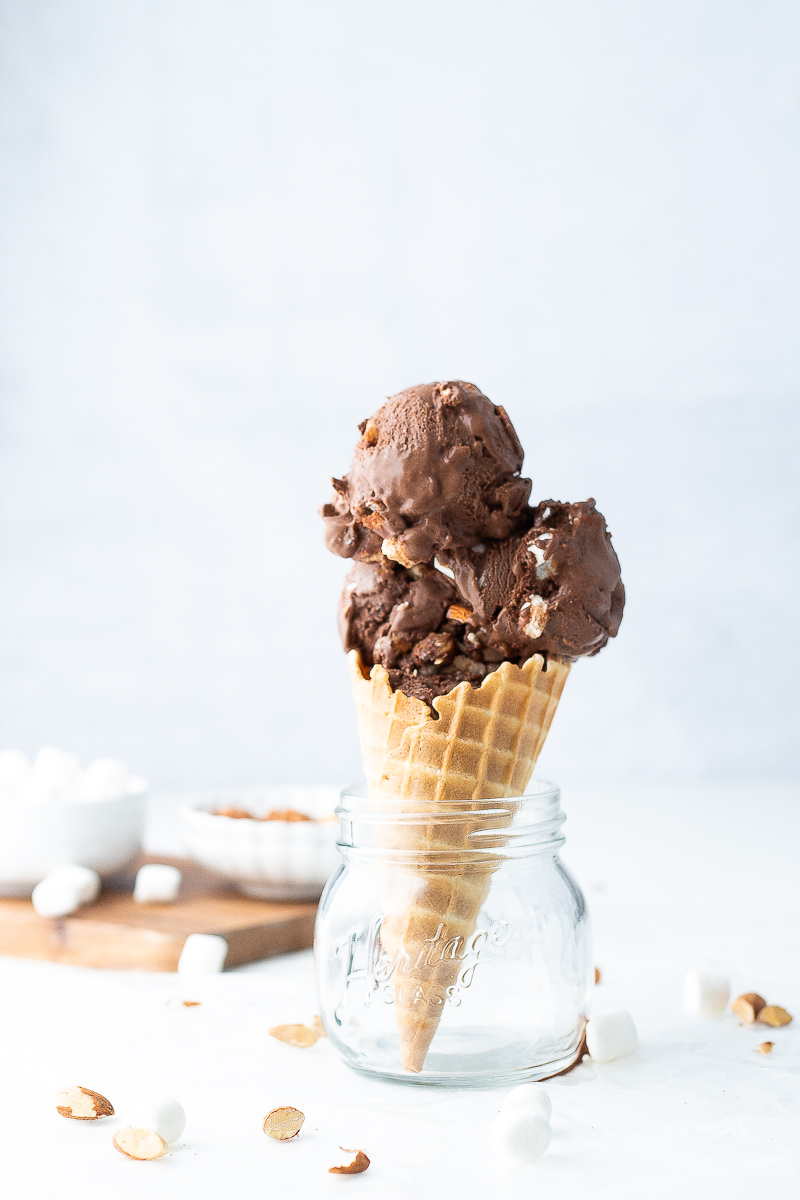 Rocky road ice cream in a large waffle cone