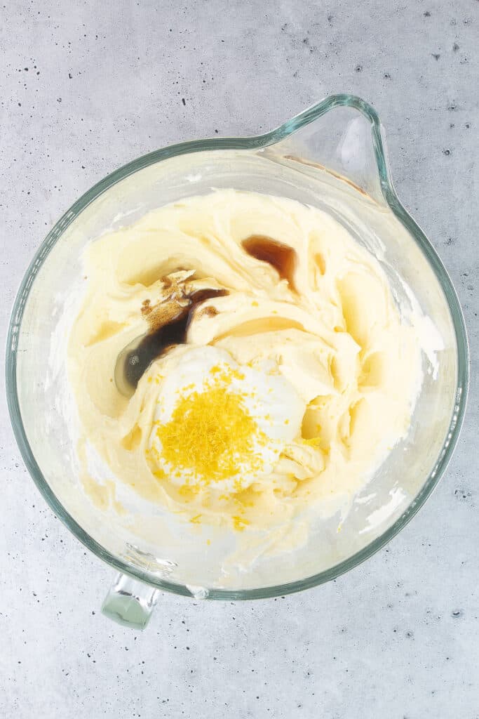 Batter with greek yogurt, lemon zest, strawberry extract and vanilla paste.