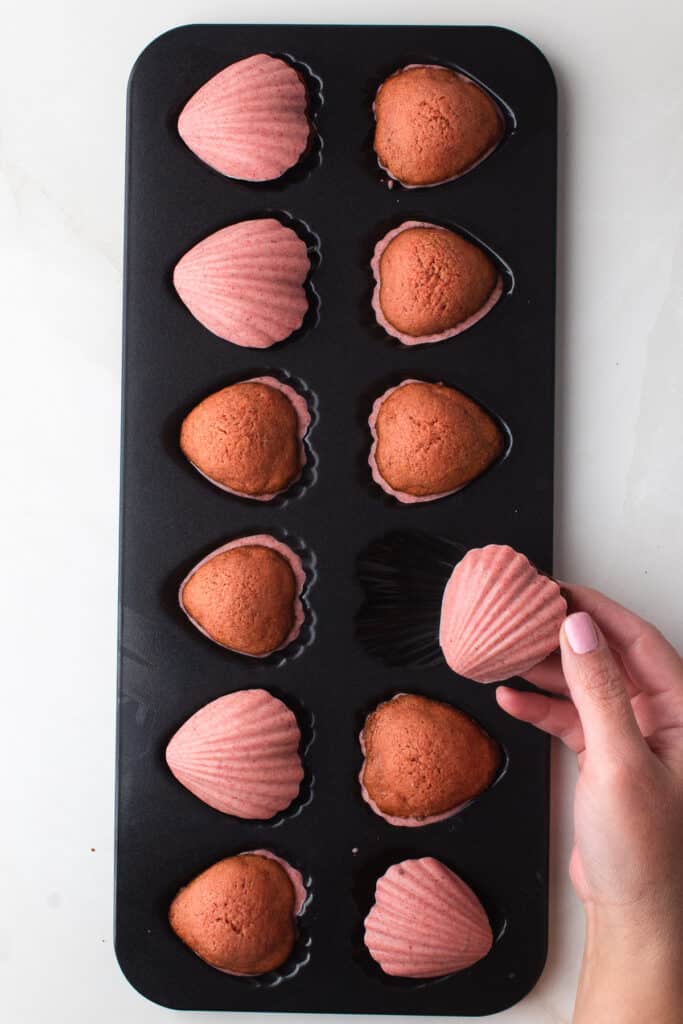 Strawberry Madeleines with chocolate shell