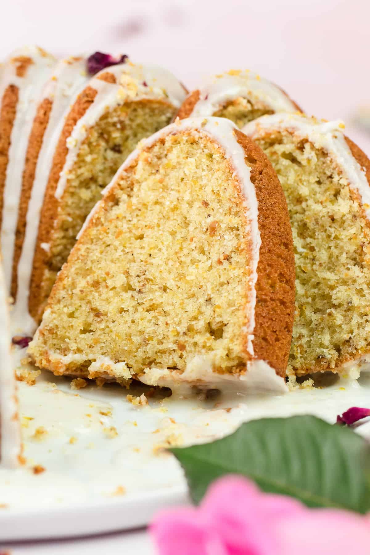 A close up of slices of Pistachio Olive Oil Cake