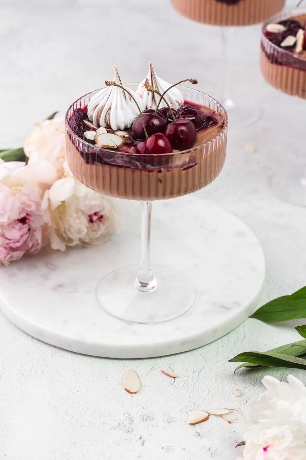 Black Forest Eton Mess in a coupe glass and on a round marble tray