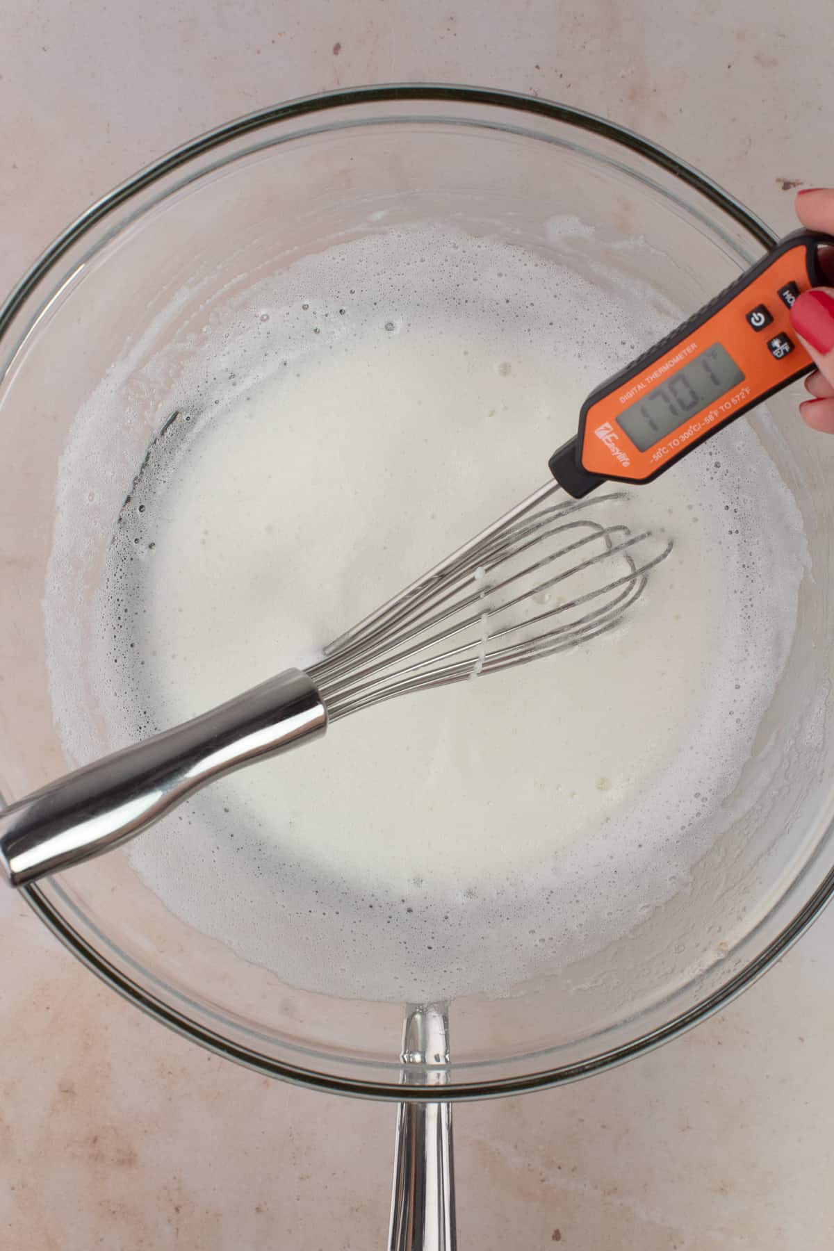 Egg whites, sugar and cream of tartar are cooked until it reaches 170ºF