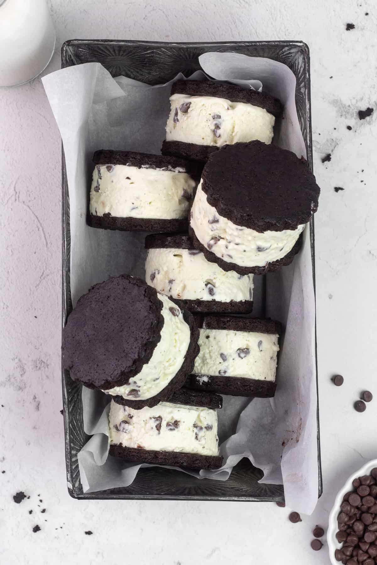 Mint Chocolate Chip Ice Cream Sandwiches in a loaf pan