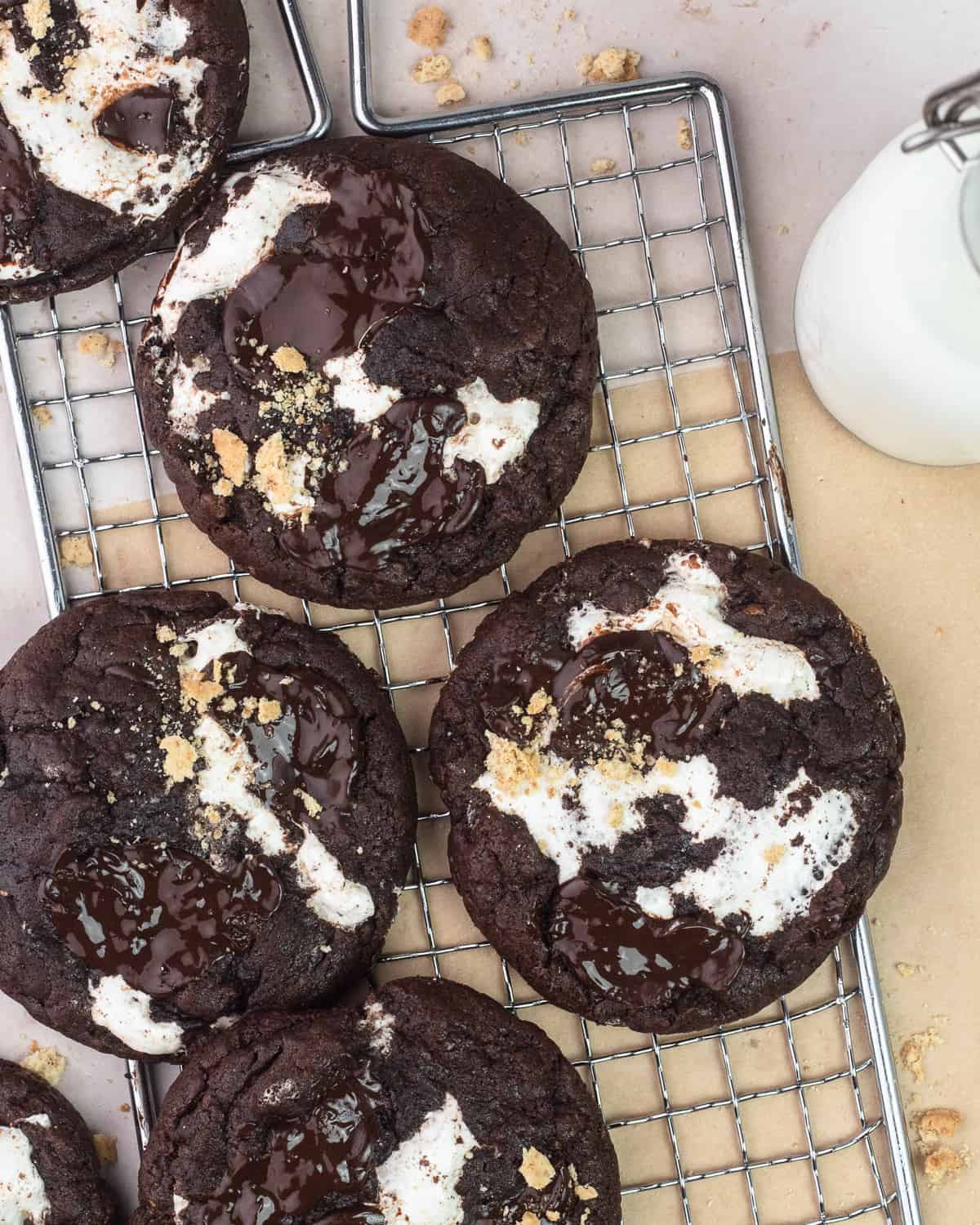 Chocolate S'mores Cookies on a wire rack