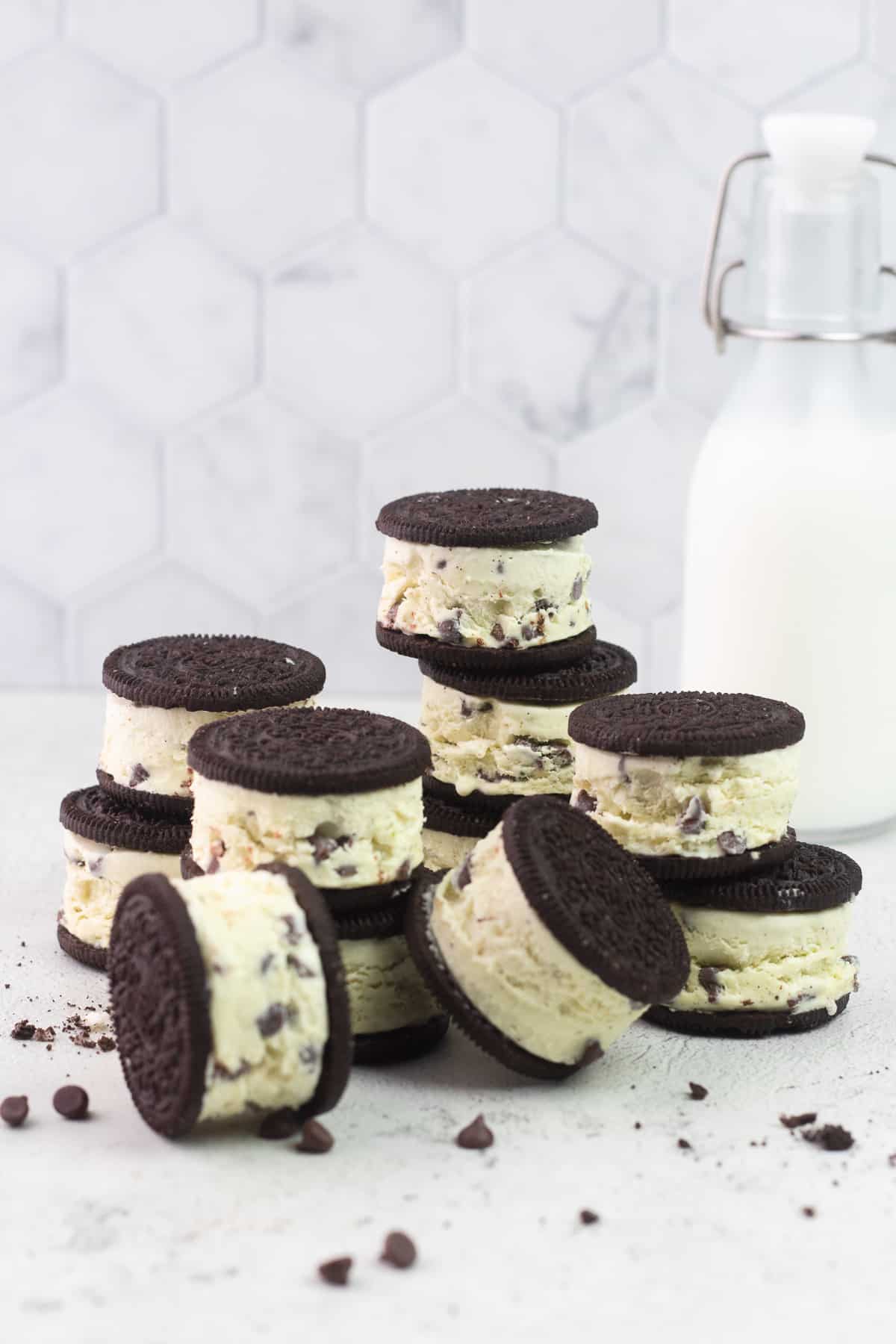 Mint Chocolate Chip Ice Cream Sandwiches with Oreo cookies