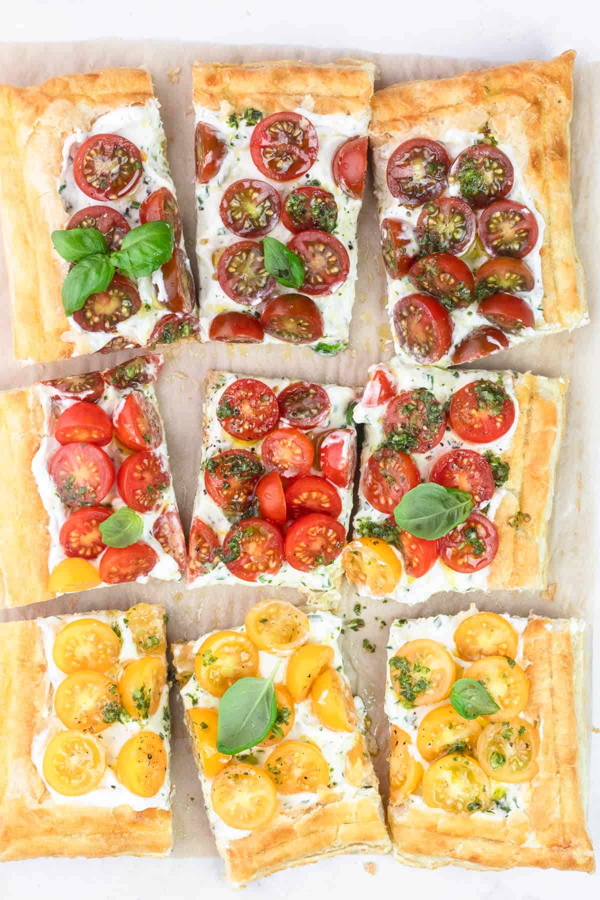 Tomato Basil Puff Pastry Tart cut into 9 pieces