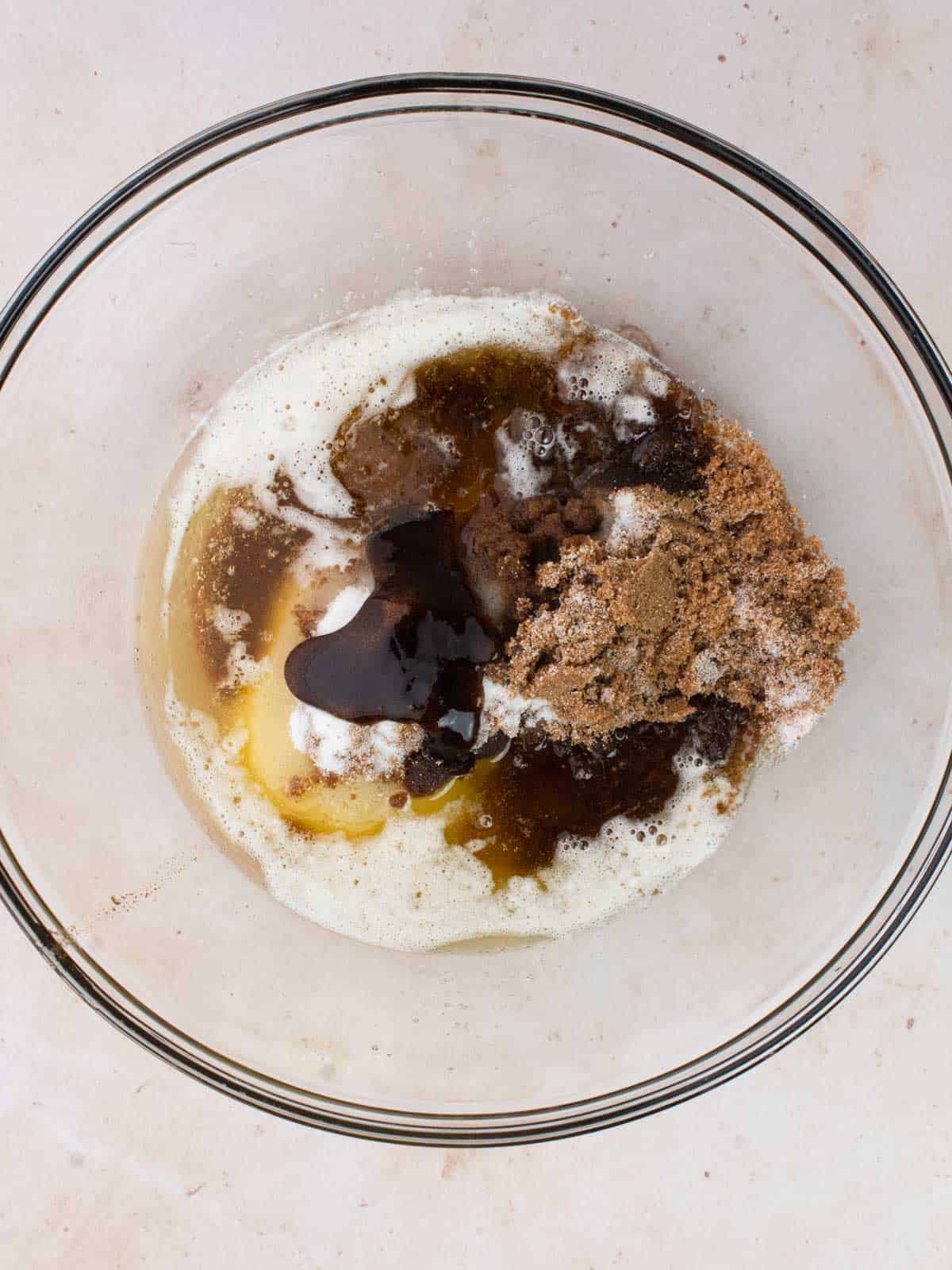 A bowl of brown butter, brown sugar, white sugar, bourbon and vanilla