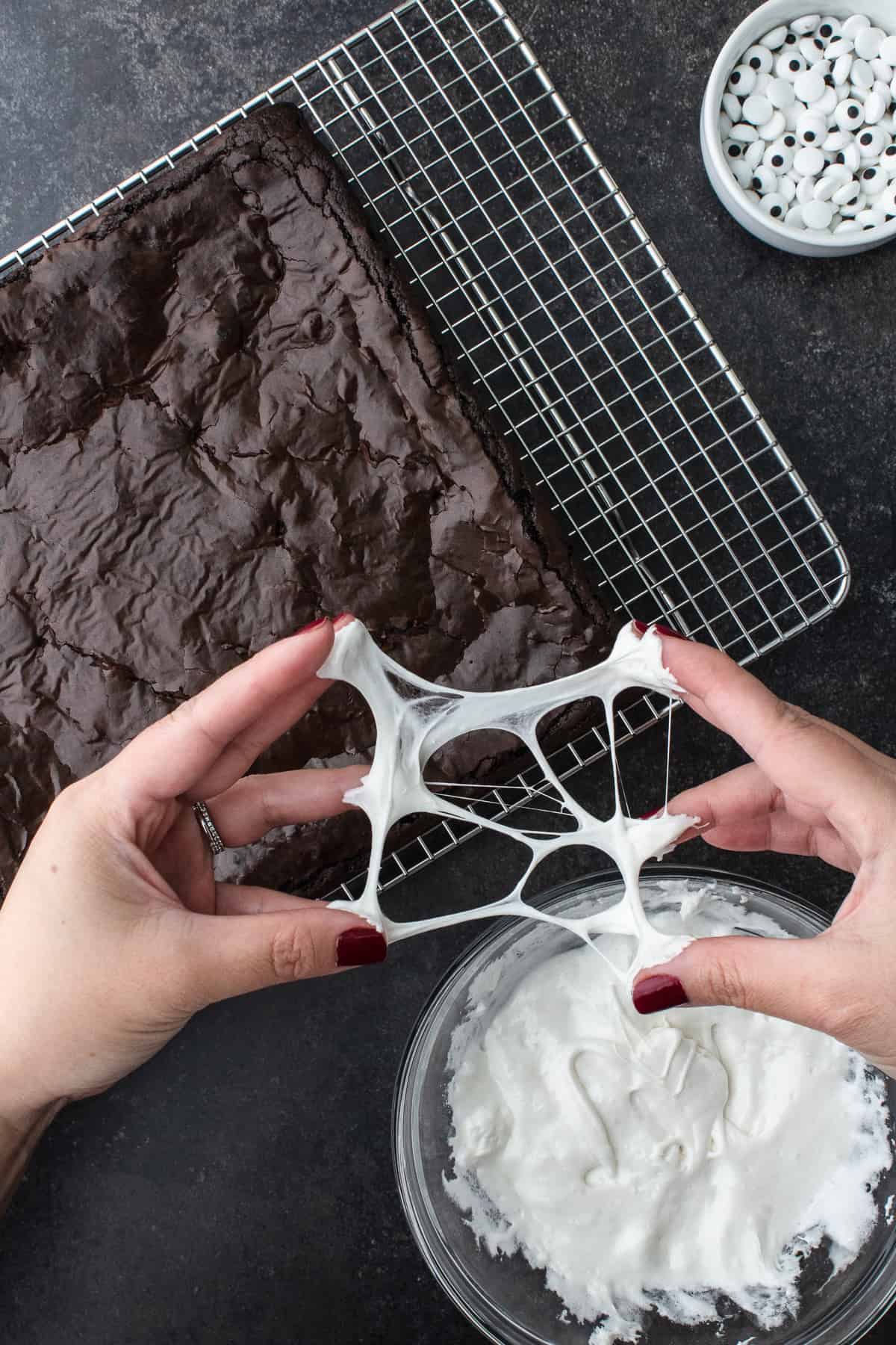 Marshmallow web will be draped over brownies