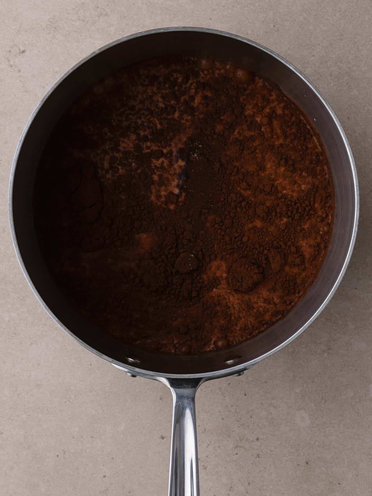Milk, cocoa powder, espresso powder and salt are in a saucepan