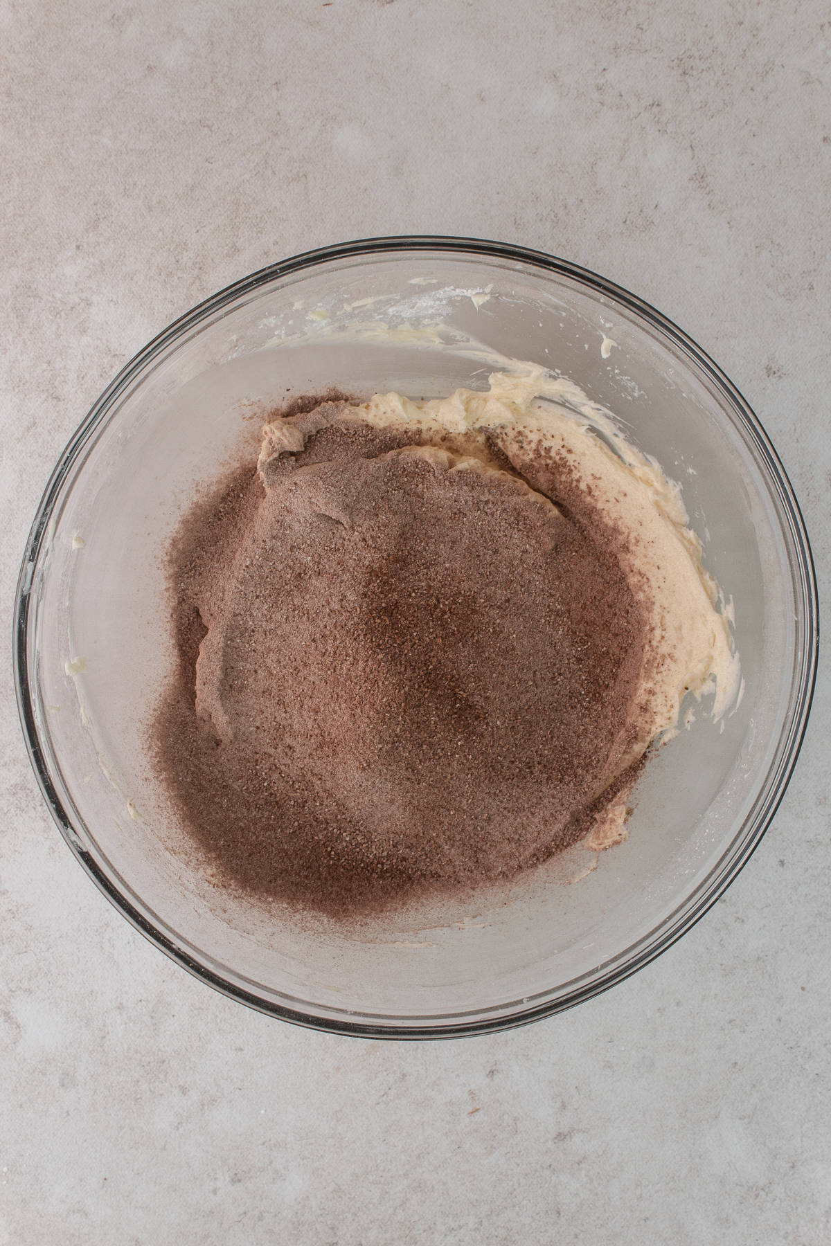 Flour, cocoa powder and salt are added to the butter mixture