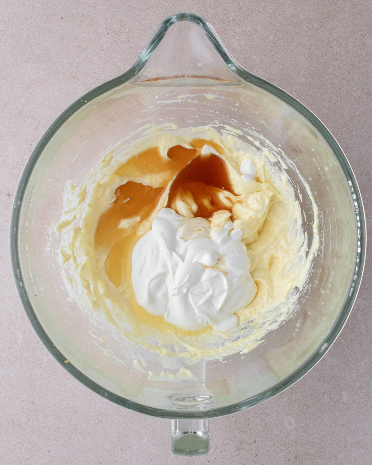 Greek yogurt, lemon juice and vanilla are added to egg/sugar mixture