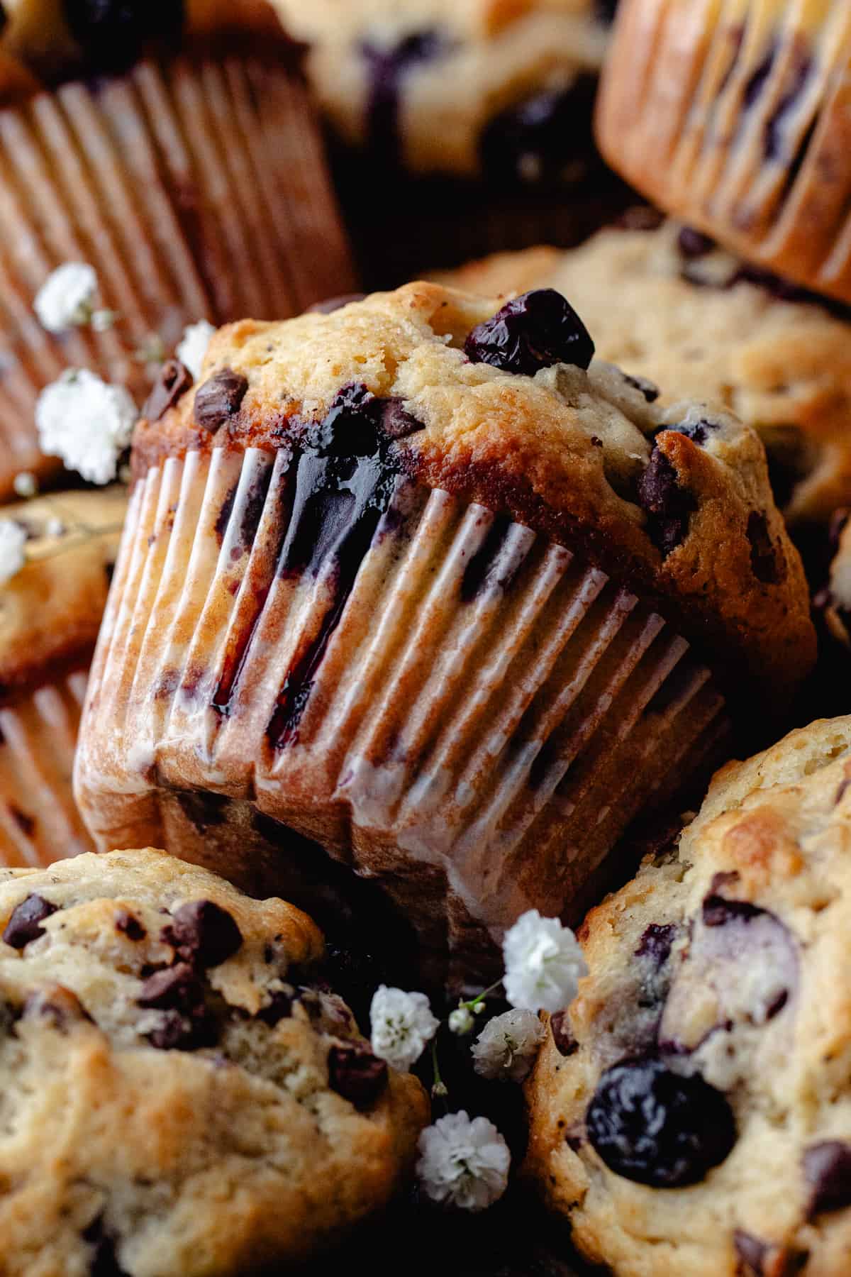 Close up of Blueberry chocolate chip muffins