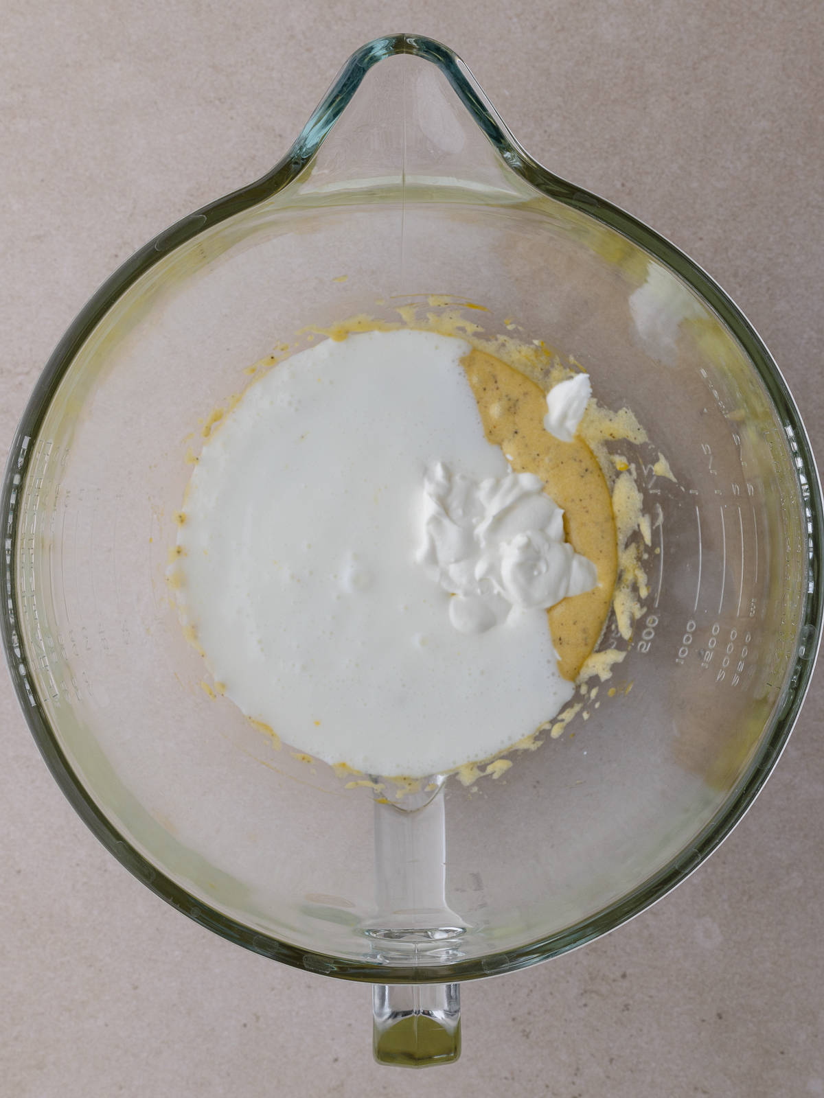 Buttermilk and sour cream are added to the egg/sugar/ butter mixture.