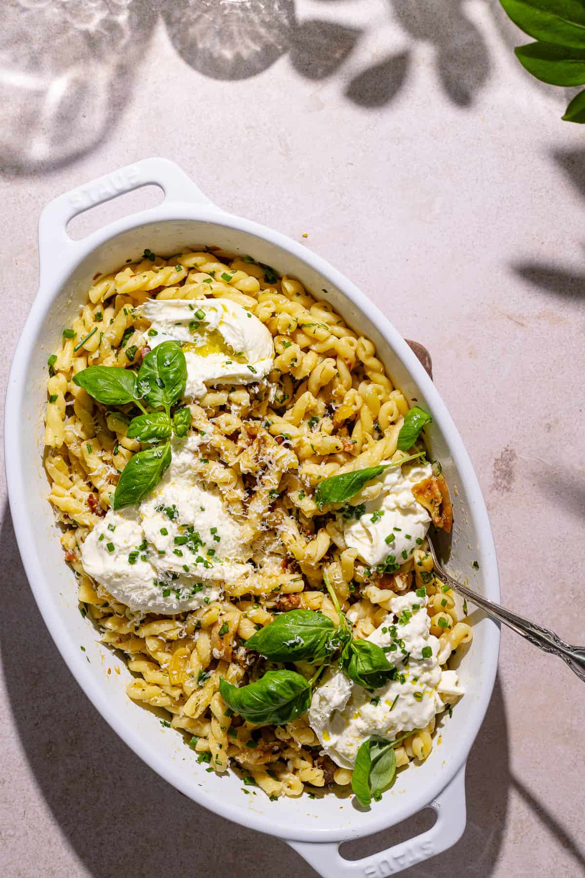 Garlic confit pasta in baking dish.