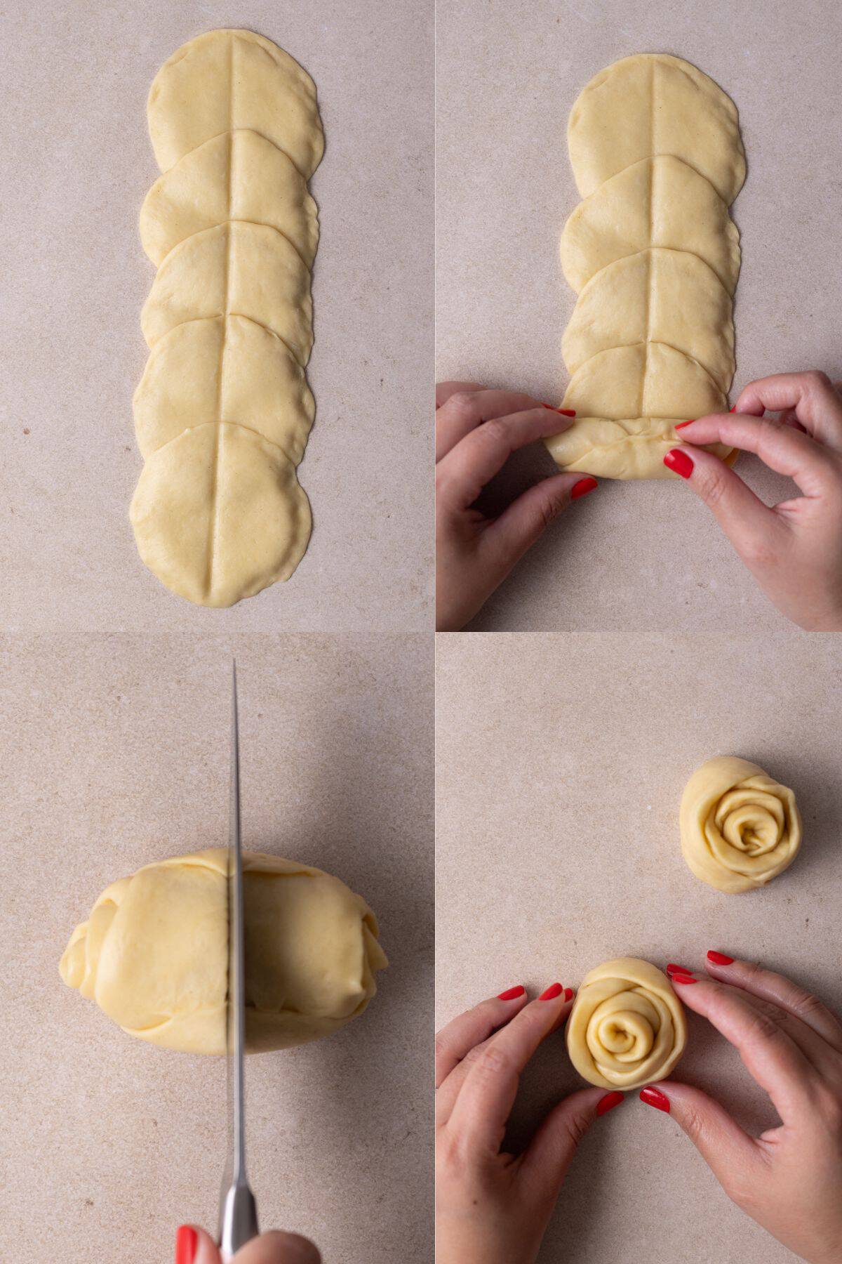Photos showing how to shape the rose donuts.