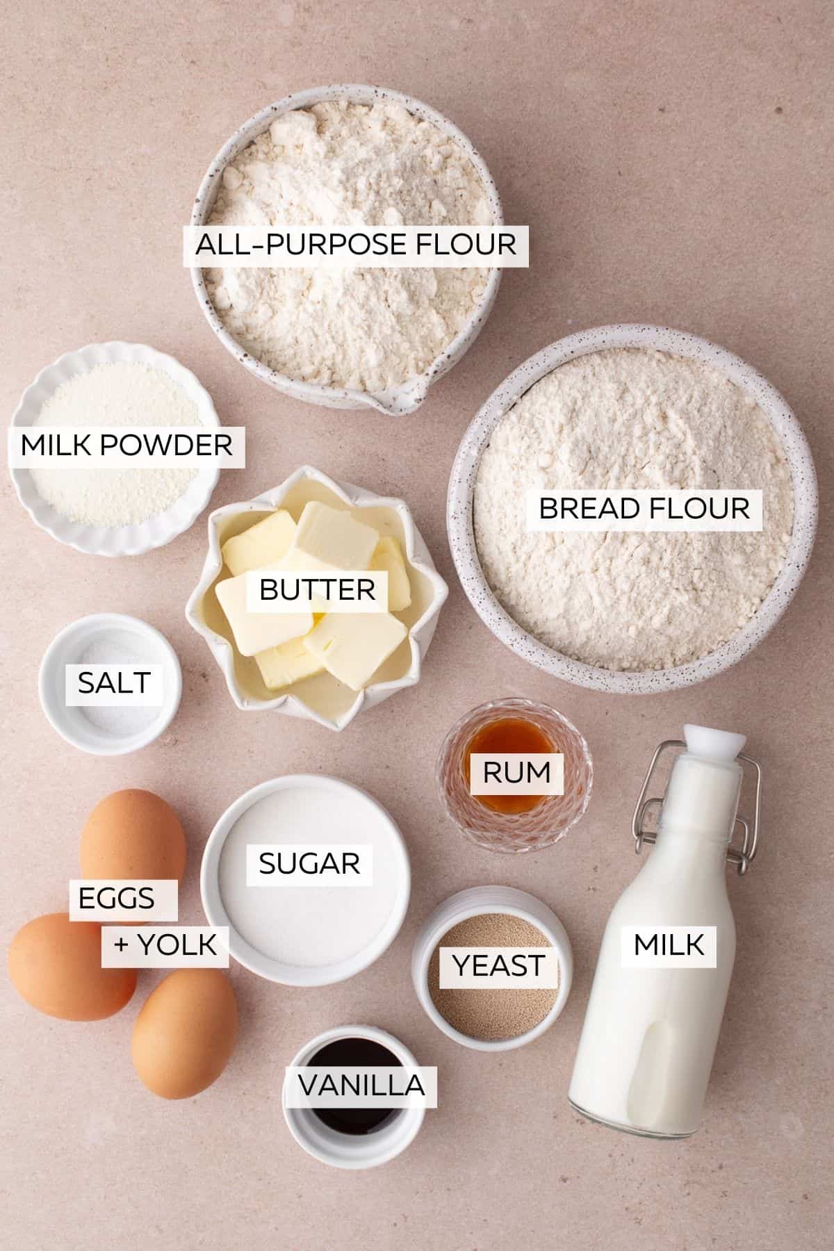 Ingredients for rose brioche dough.