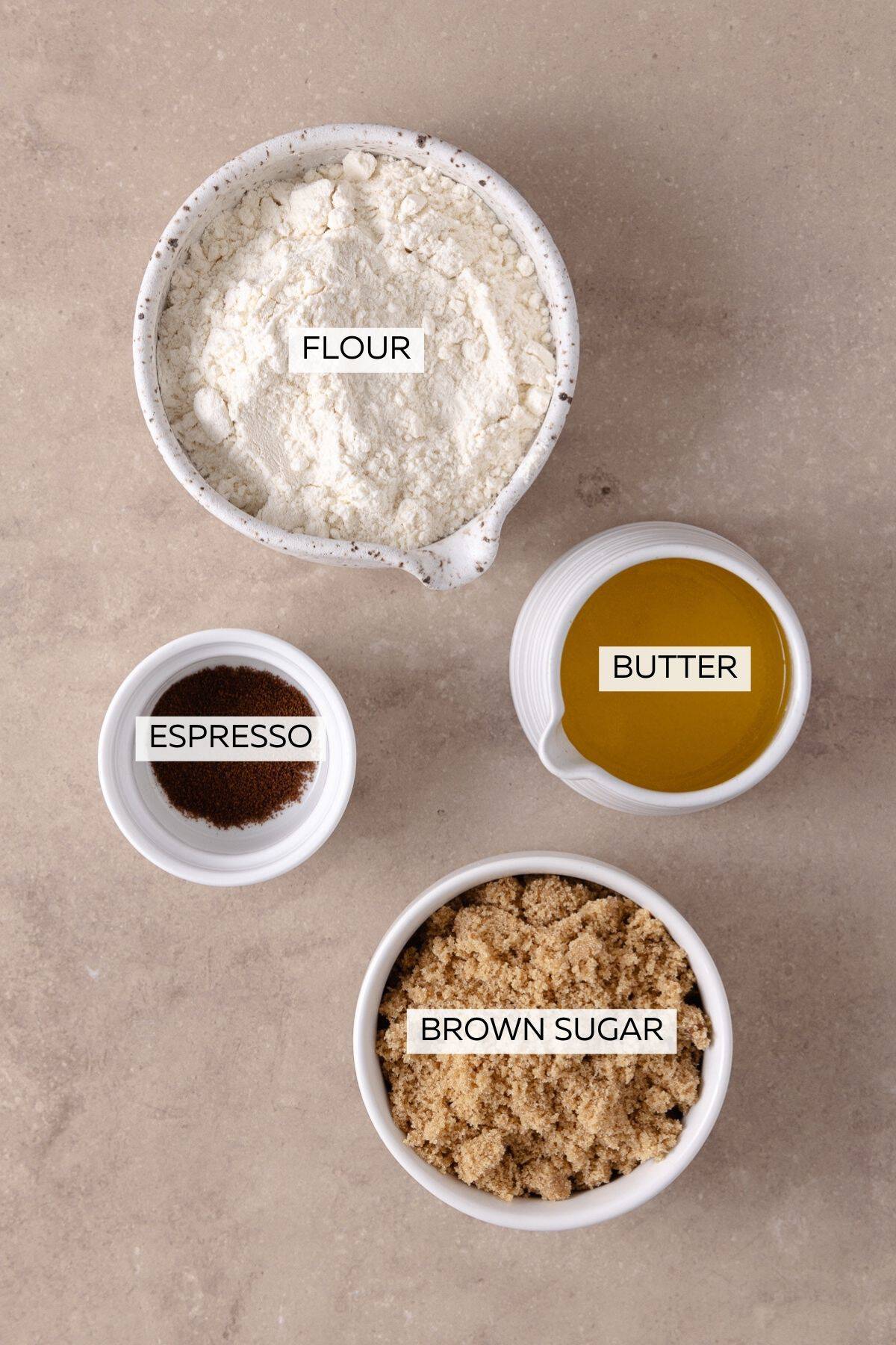 Crumb topping ingredients - Flour, brown sugar, butter and espresso.