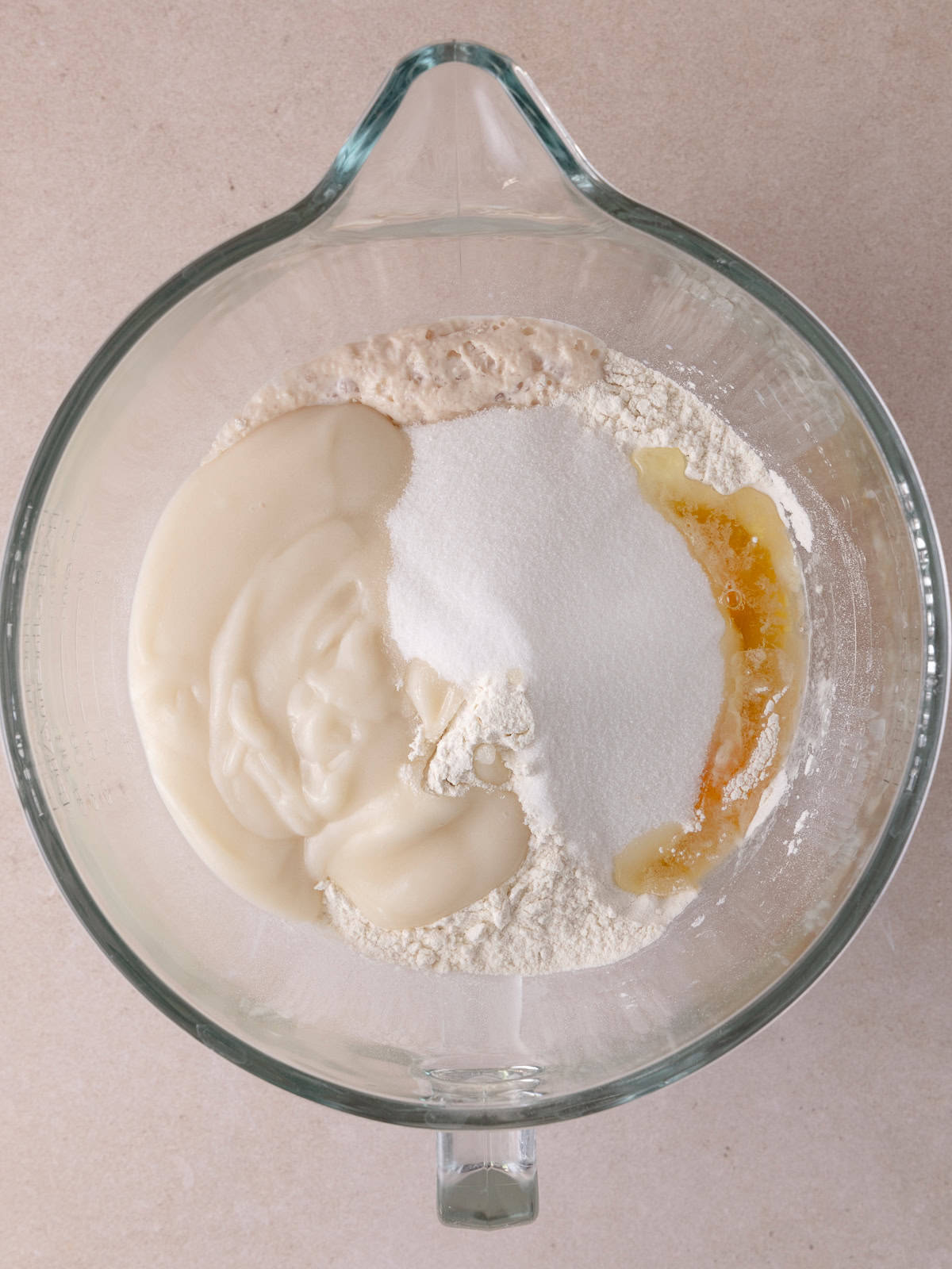 Bloomed yeast mixture, bread flour, all purpose flour, milk powder, tangzhong, eggs, sugar, and salt are added to a large mixing bowl.