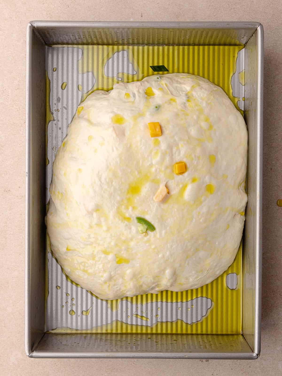The jalapeno cheddar focaccia is transferred to an oiled baking pan.