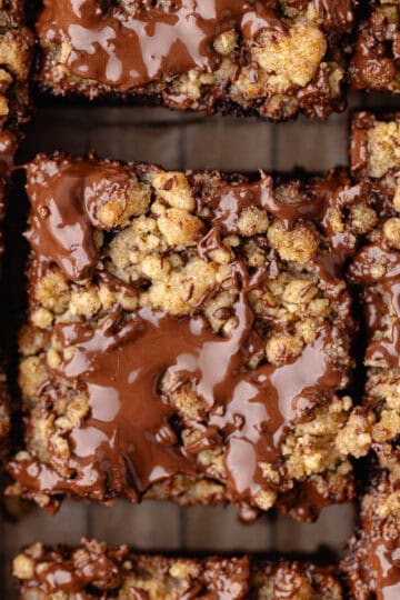 Close up chocolate coffee cake cut into squares feature photo.