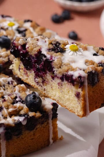 Blueberry lemon crumb cake slice in a cake server feature photo.