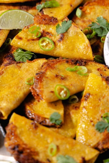 Pan fried crispy bean and cheese tacos feature photo.
