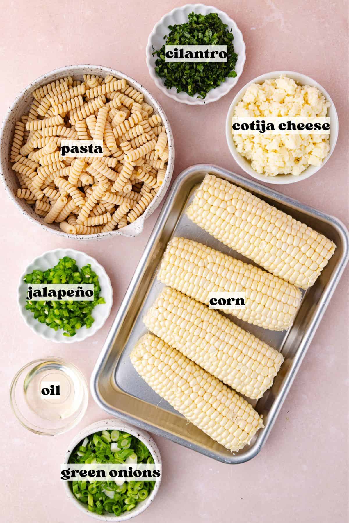 Elote pasta salad ingredients, dry pasta, corn on the cob, chopped jalapeño, green onions (scallions), cilantro and oil.