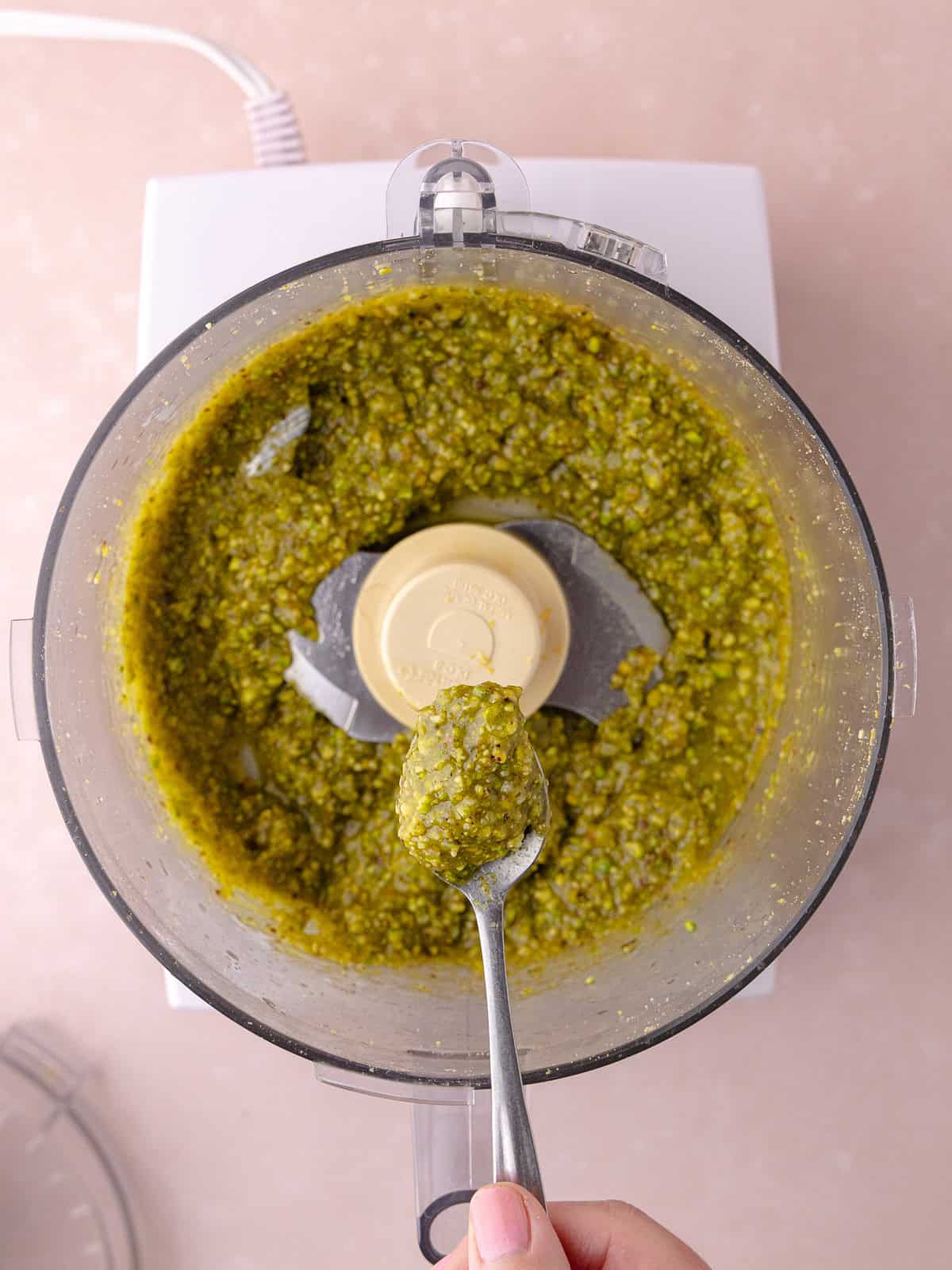 Savory pistachio cream in a food processor.