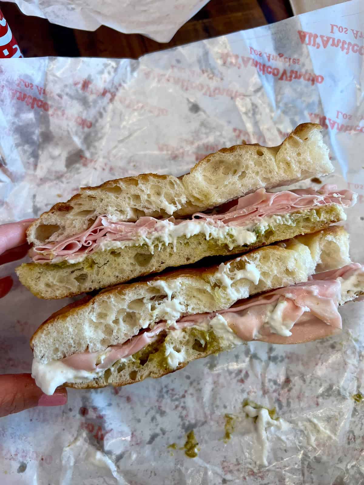 All'Antico Vinaio La Paradiso sandwich with mortadella, stracciatella, and pistachio cream.