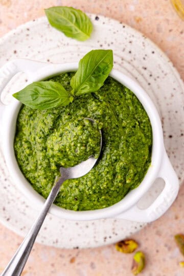 Pistachio pesto in a bowl feature photo.