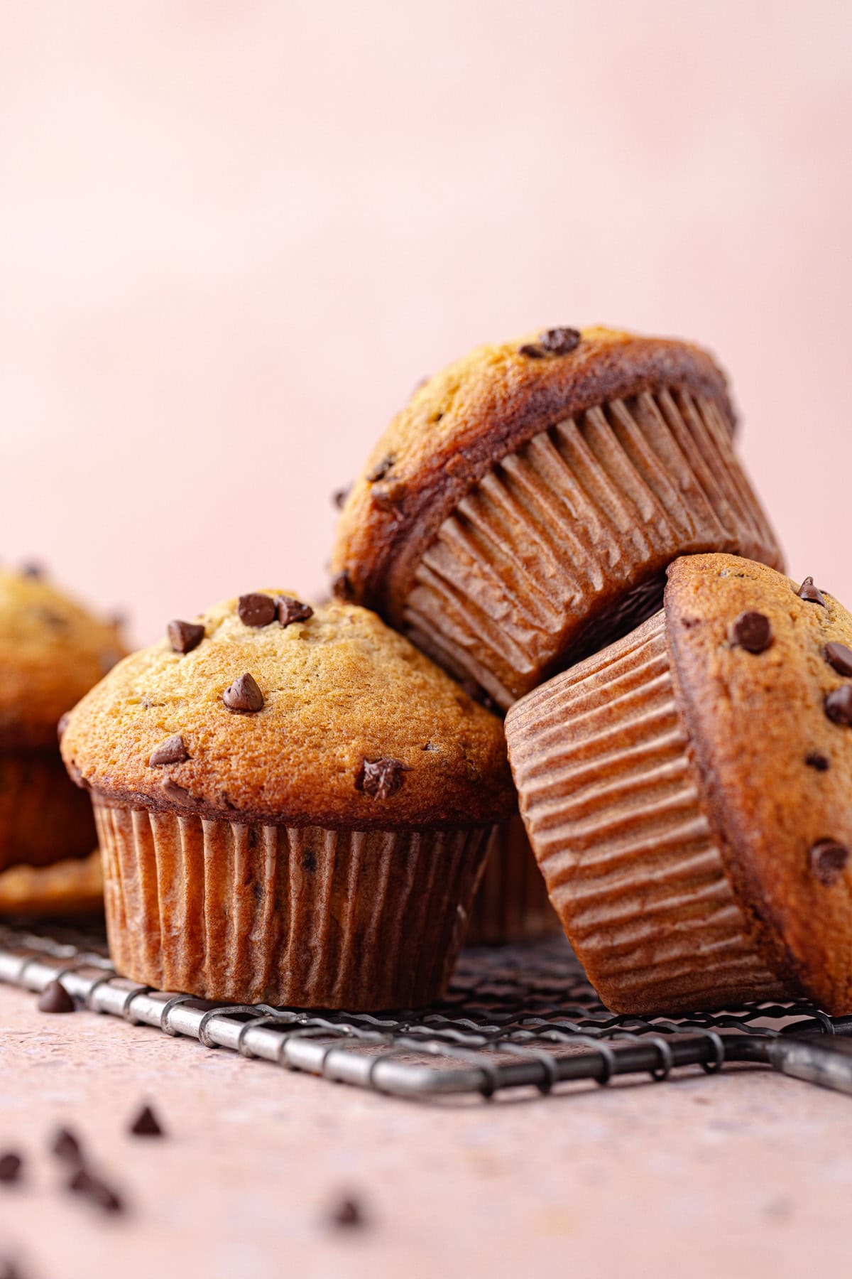 A small batch of chocolate chip banana muffins on a wire rack.