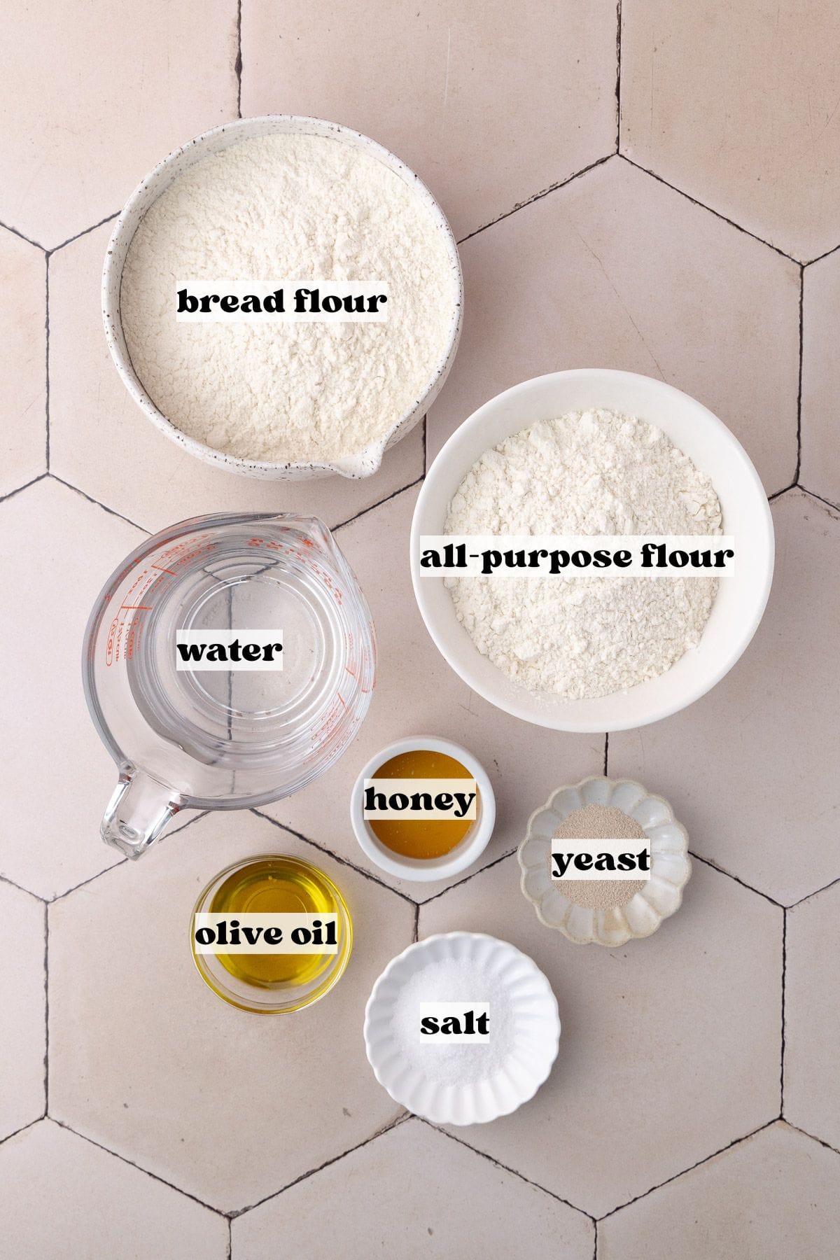 Schiacciata bread recipe ingredients which include, bread flour, all-purpose flour, water, yeast, honey, salt and olive oil.