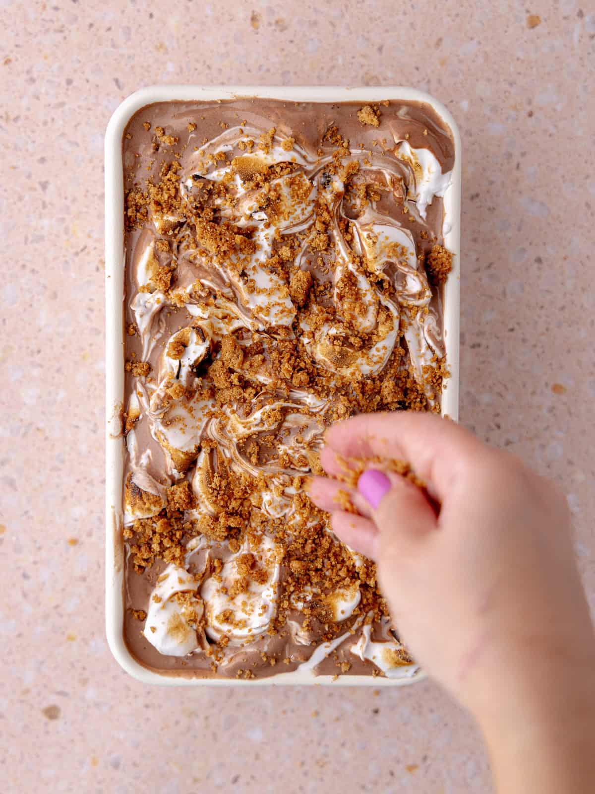 Reserved graham cracker crumbs are sprinkled over top of the ice cream.