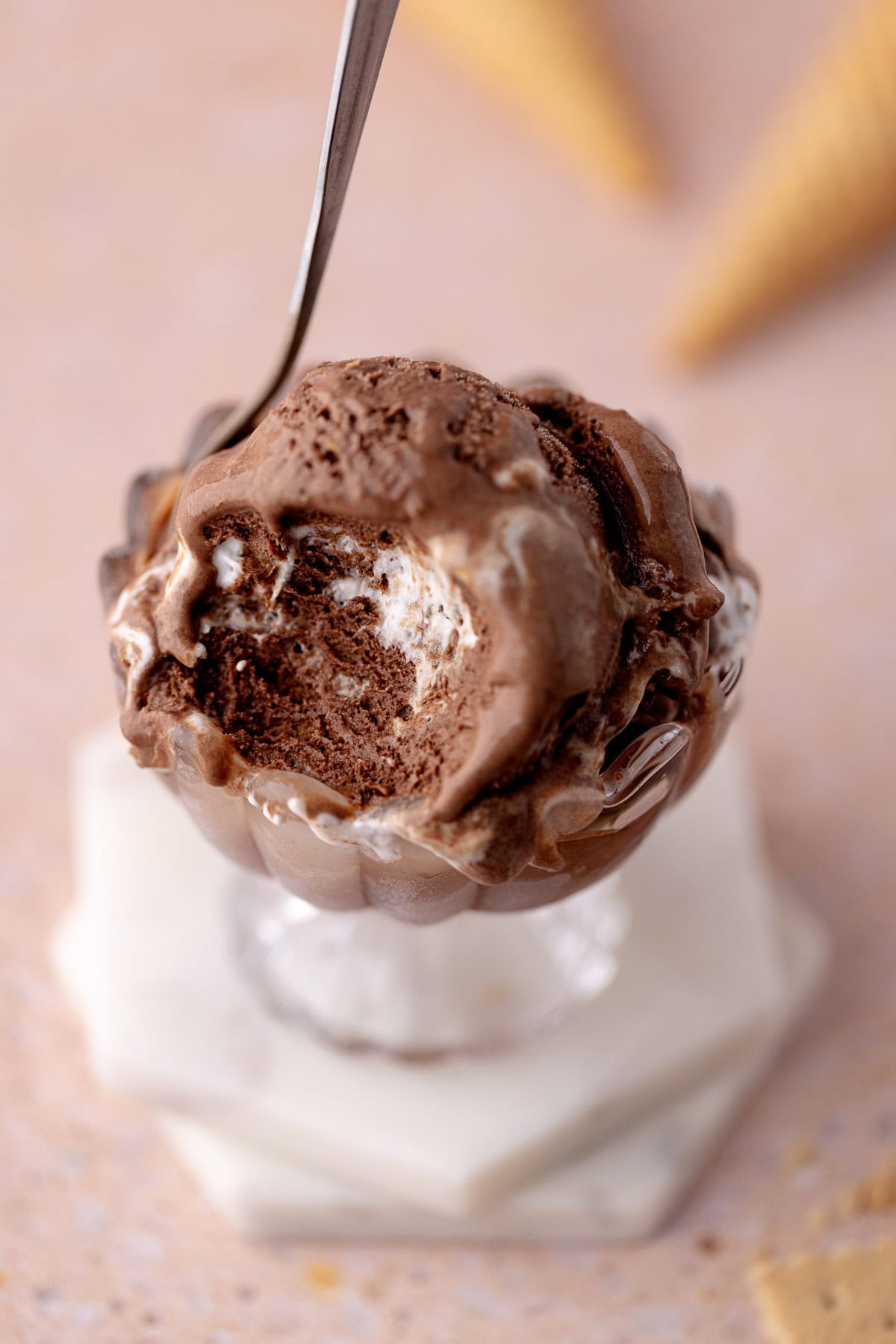 Chocolate s'mores ice cream is in a dessert bowl with a dessert spoon.