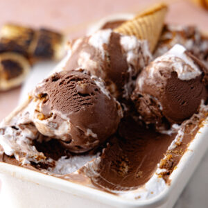 Close up of scoops of chocolate s'mores ice cream in a white container feature photo.