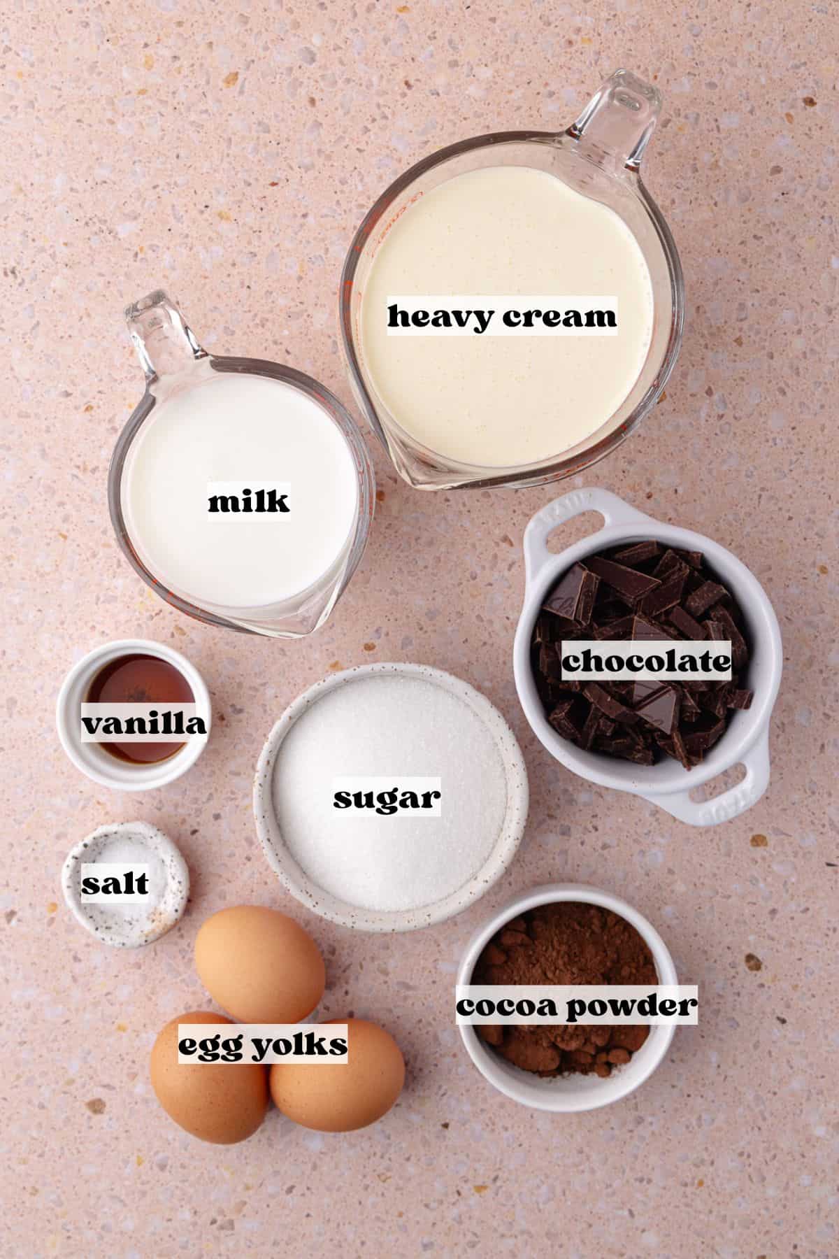 Chocolate s'more ice cream ingredients which include, heavy cream, milk, egg yolks, sugar, cocoa powder, chocolate, vanilla extract and salt.