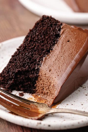 Triple dark chocolate mousse cake sliced on a dessert plate featured photo.