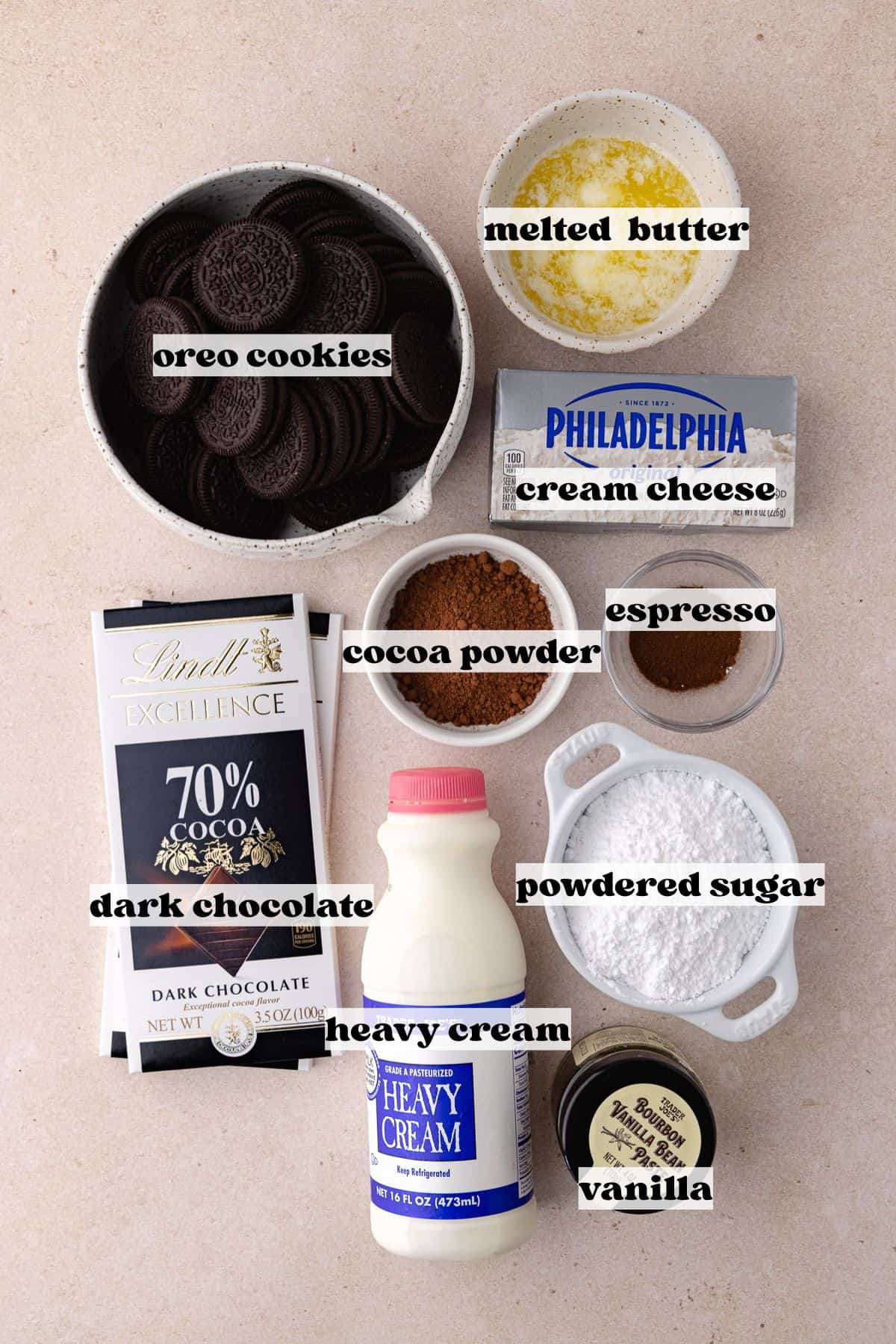 Chocolate mousse bars ingredients which include, whole oreo cookies, melted butter, cream cheese, chocolate, heavy cream, vanilla, powdered sugar, cocoa powder and fine espresso powder.