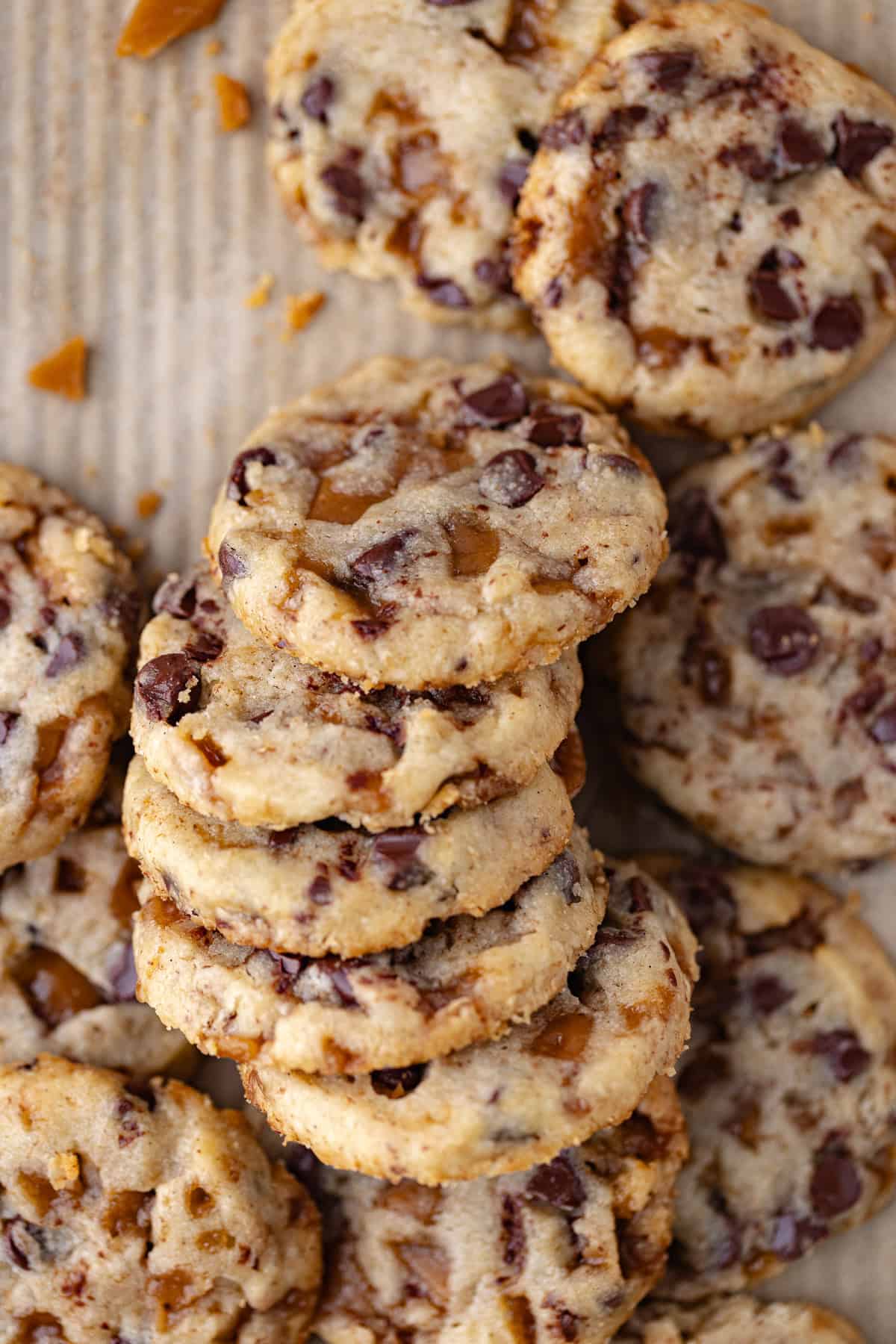 Soft and tender shortbread cookies with dark chocolate chips and homemade toffee bits are baked until golden.