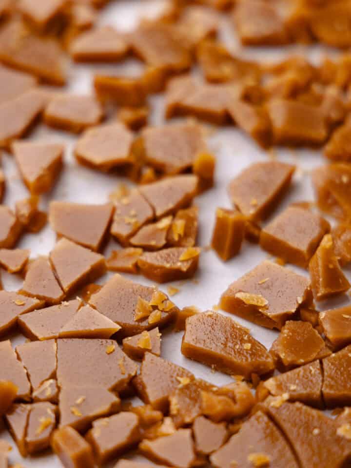 Homemade toffee bits are broken into small pieces featured photo.