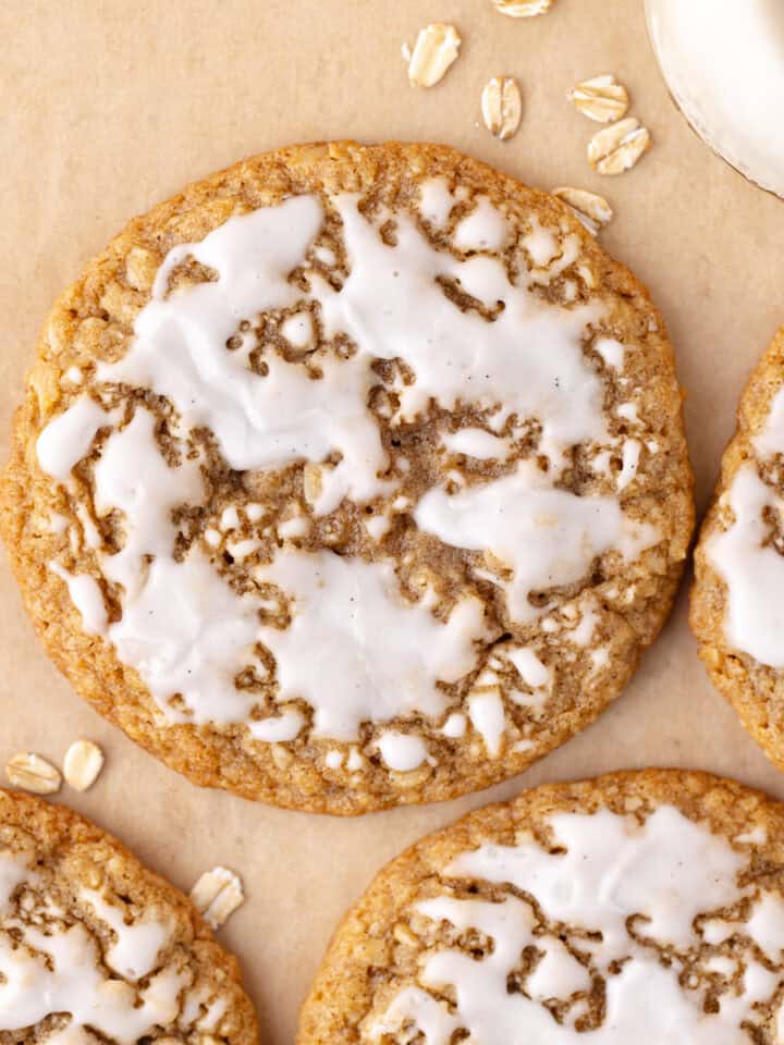 Soft and chewy old-fashioned iced oatmeal cookies featured photo.