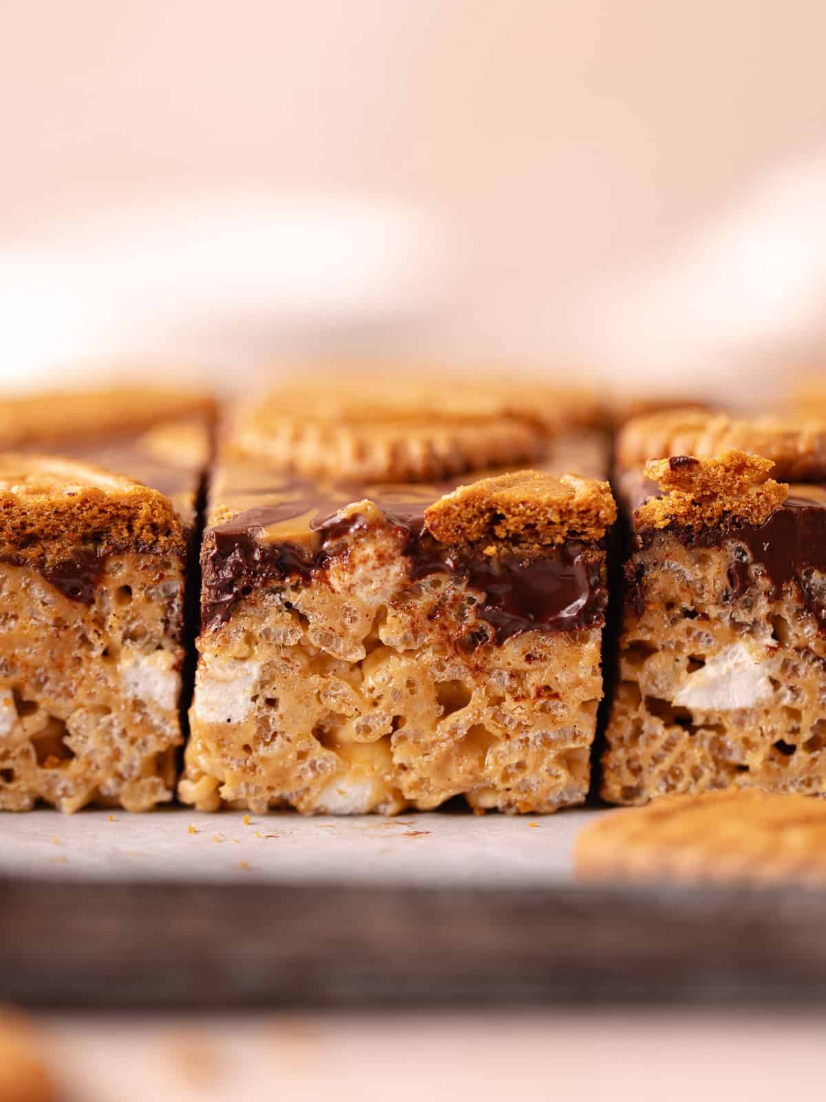 Biscoff rice krispie treats made with marshmallows, cookie butter, rice krispies cereal and topped with chocolate, more cookies butter and Biscoff cookie biscuits.
