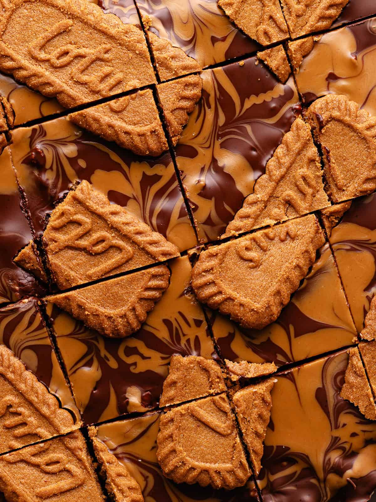 Biscoff rice krispie treats made with marshmallows, cookie butter, rice krispies cereal and topped with chocolate, more cookies butter and Biscoff cookie biscuits.