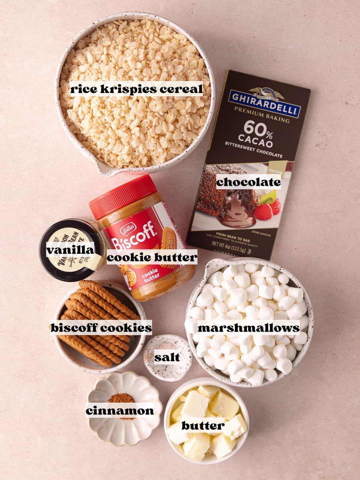 Biscoff rice krispie treats ingredient which include, rice krispies cereal, mini marshmallows, butter, Biscoff cookie butter, salt, cinnamon, vanilla paste and chocolate bar.