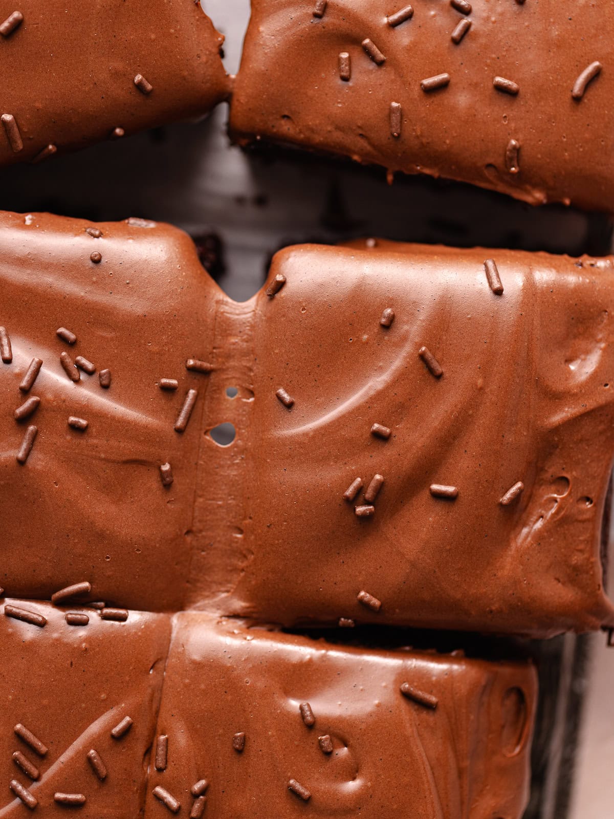 Soft and moist chocolate malted cake is topped with chocolate malted frosting and chocolate sprinkles.