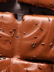 Soft and moist chocolate malted cake is topped with chocolate malted frosting and chocolate sprinkles.