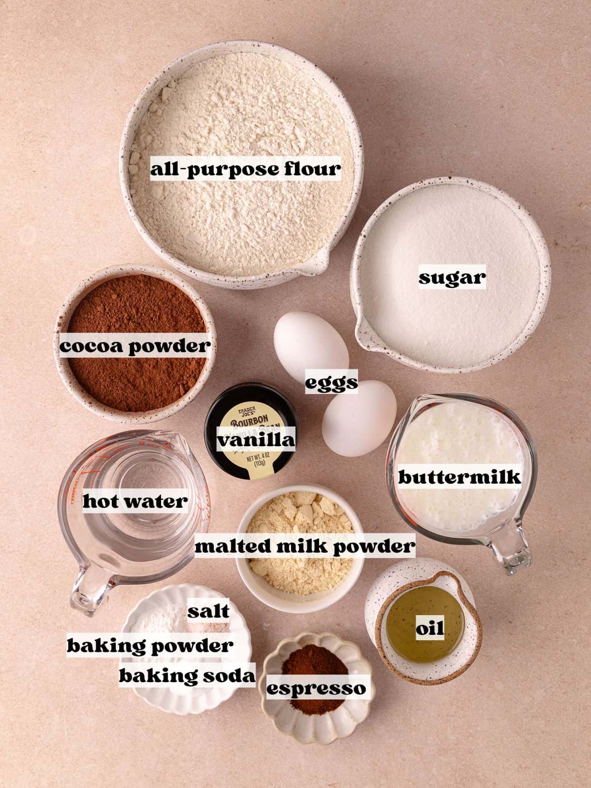 Chocolate malted cake ingredients which include, all-purpose flour, sugar, dutch-process cocoa powder, malted milk powder, espresso, baking powder, baking soda, salt, buttermilk, oil, eggs, hot water and vanilla.