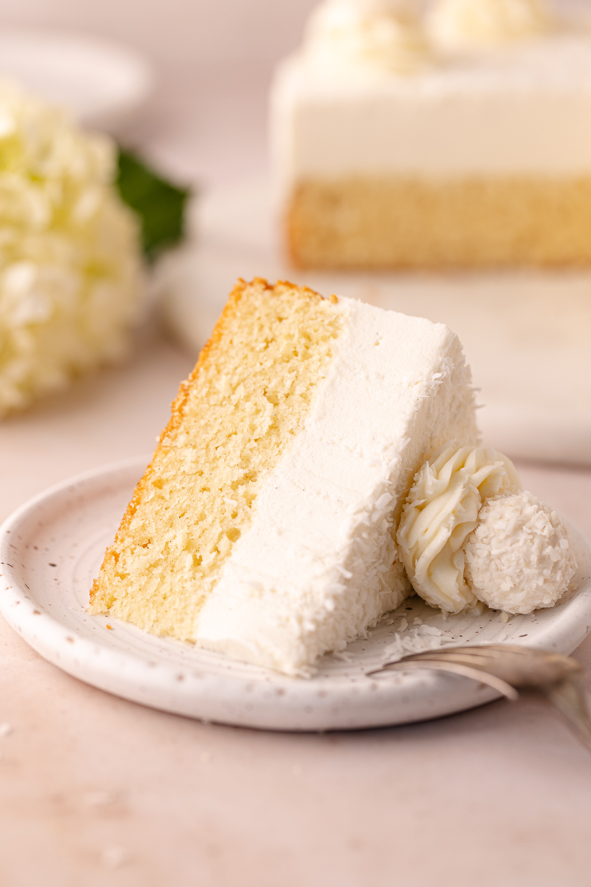 Dreamy coconut mousse cake featuring a super moist coconut cake base, layered with a light and creamy coconut mousse, shredded coconut and Raffaello candy!