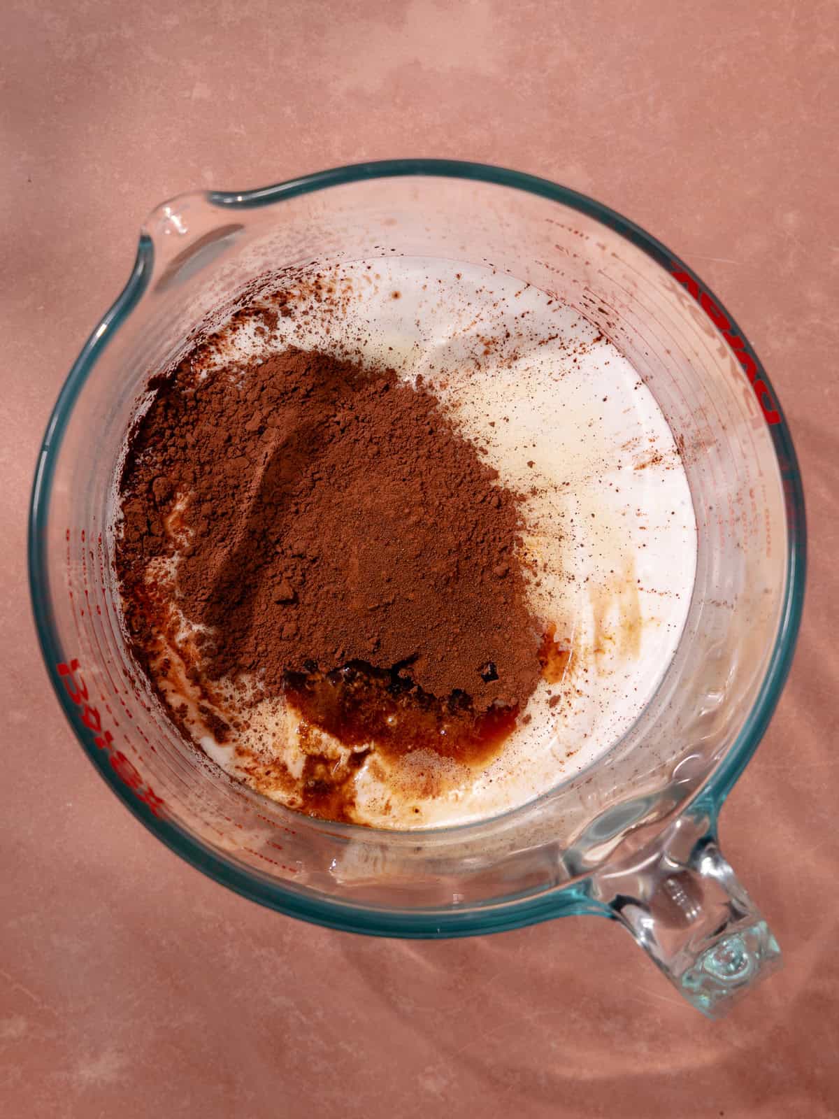 Cold coconut milk, condensed milk, cocoa powder, espresso powder and vanilla are in a glass mixing bowl.